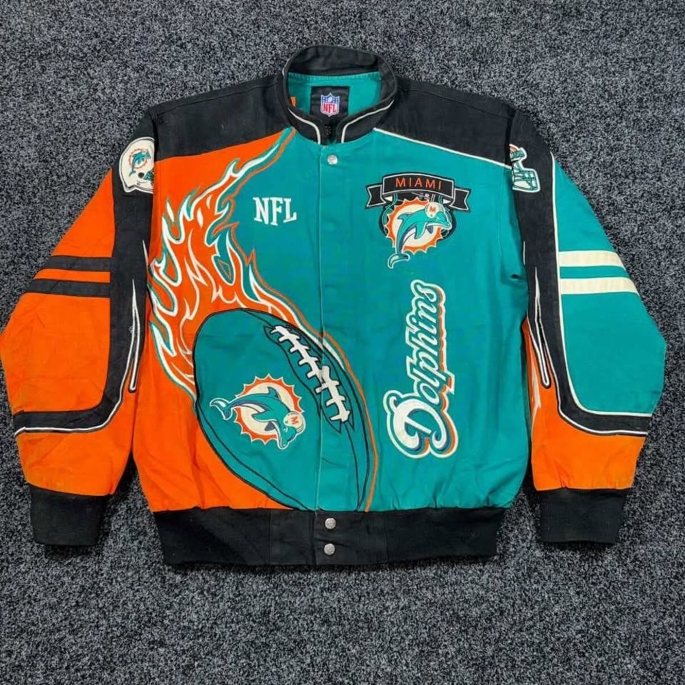 Vintage NFL Miami Dolphins Men's Varsity Jacket Aqua Orange Embroidered Med/Lrg